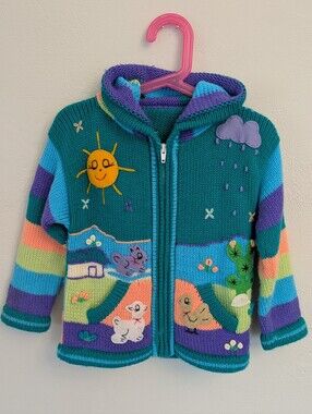 Colorful Kids' Hooded Hand Knit Alpaca Wool Zip Sweater with Playful Appliqués